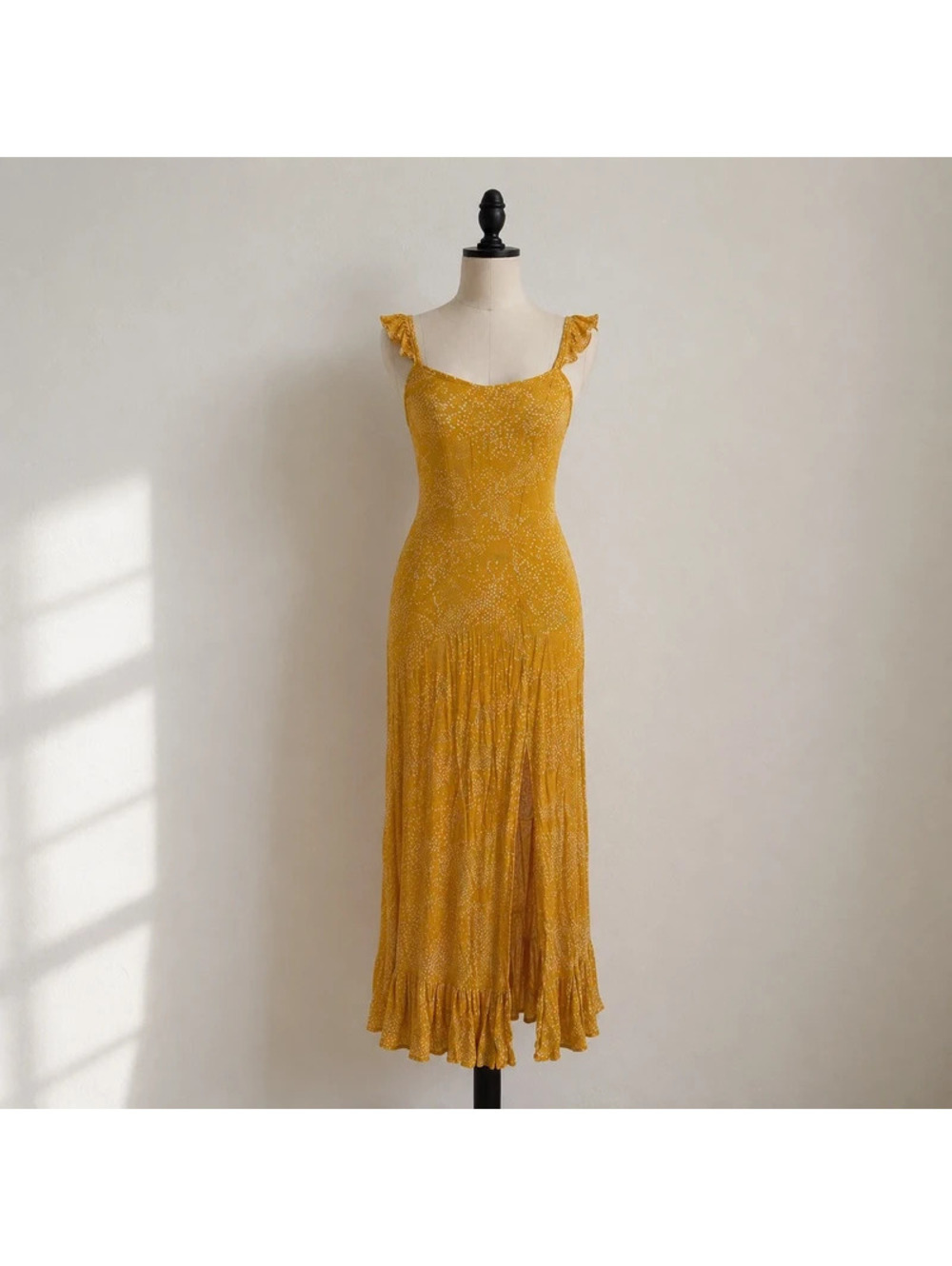 Express Yellow Floral Dot Ruffle Midi Maxi Dress Size Small Slit Summer